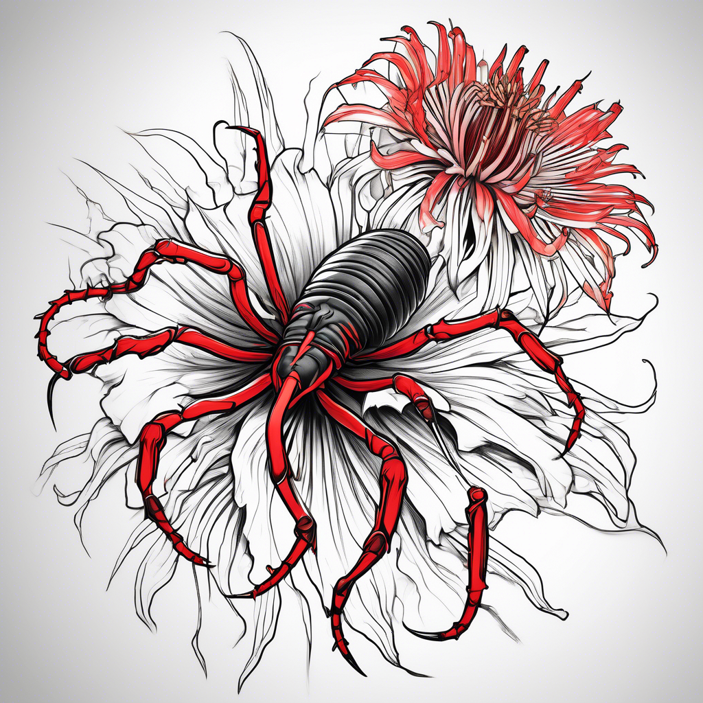 A tokyo ghoul inspired that has a red spider lily flower and a centipede in  it tattoo idea - made by Ink Studio AI